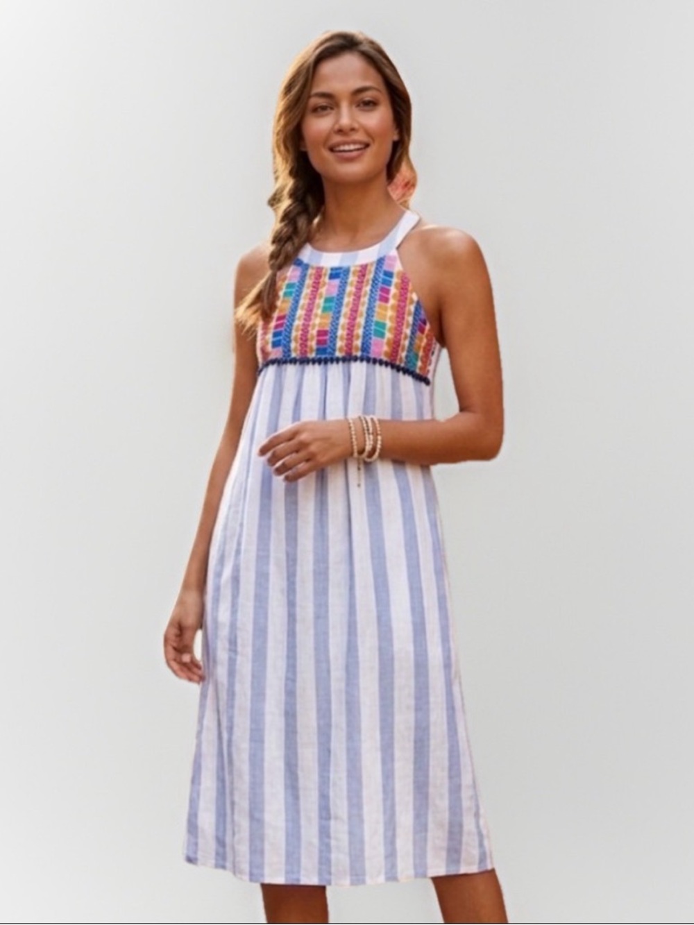 THML Embroidered Stripe Midi Dress Size S Blue White Boho Cotton Summer